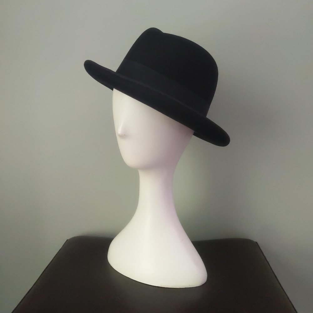 Rare! Vintage Barlesoni Black Fur Felt Feather Fedora Hat 7 56 with Box - Picture 2 of 9